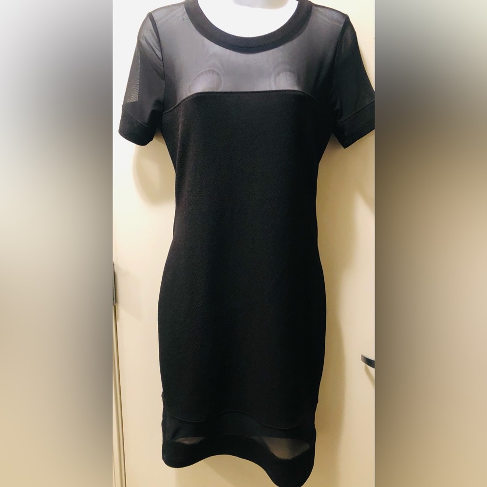 Bozzolo Black Short Sleeve Mesh Yoke Sheath Dress